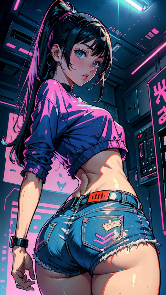 (Hinata Hyuga, on all fours, Leg spread, Very sensual, In tight clothes, Big Ass, Thick legs, Jean Shorts, Wearing a mini blouse, Navel comes out, Long Hair, Rear speakers, Very realistic, View of the Cyberpunk City, Clearly defined lines, Neon Lights Very Sexy, 8k, 8k Very detailed), (Very delicate and beautiful), (masterpiece), (Better Quality: 1.0), (Ultra-high resolution:1.0), ((Synthwave Background Theme))