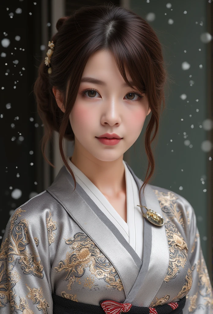 (Beautiful model in Japanese kimono commercial), (solo), ((face is 80% beauty and elegance, 20% pretty and cute:1.5)), (Her roots are in Eastern Europe and Asia), clear eyes, (detailed eyes, light brown eyes, bright pupils), Double Eyelids, (sexy lips with a little thickness:1.2), super detailed and incredibly high resolution Kimono, Highly Detailed Face Texture, striking body shape, curvy and very attractive woman, high-resolution RAW color photo pro photo, BREAK ultra high-resolution textures, High-res body rendering, big eyes, unparalleled masterpiece, incredible high resolution, super detailed, stunning ceramic skin, BREAK (Wearing a shiny silver kimono of the Rimpa school with lots of Rinpa silver colors), (The main color is Rinpa shiny silver, with a gradation from black to silver from the hem side to the collar), (elaborately made classical Japanese shiny silver Kimono), ((The embroidery patterns are Japanese dragon, clouds, mountains, and rivers)), (An obi that goes well with this kimono), ((shiny silver Kimono with elaborate and elegant embroidery)), (The background is a night scene with a little snow falling) BREAK ((Best Quality, 8k)), Crisp Focus:1.2, (Layer Cut, Big:1.2), (Beautiful Woman with Perfect Figure:1.4), (Beautifully shaped and big breasts:1.3), Slender waist, (Correct hand shape:1.5), (Full body shot | cowboy shot | back view)