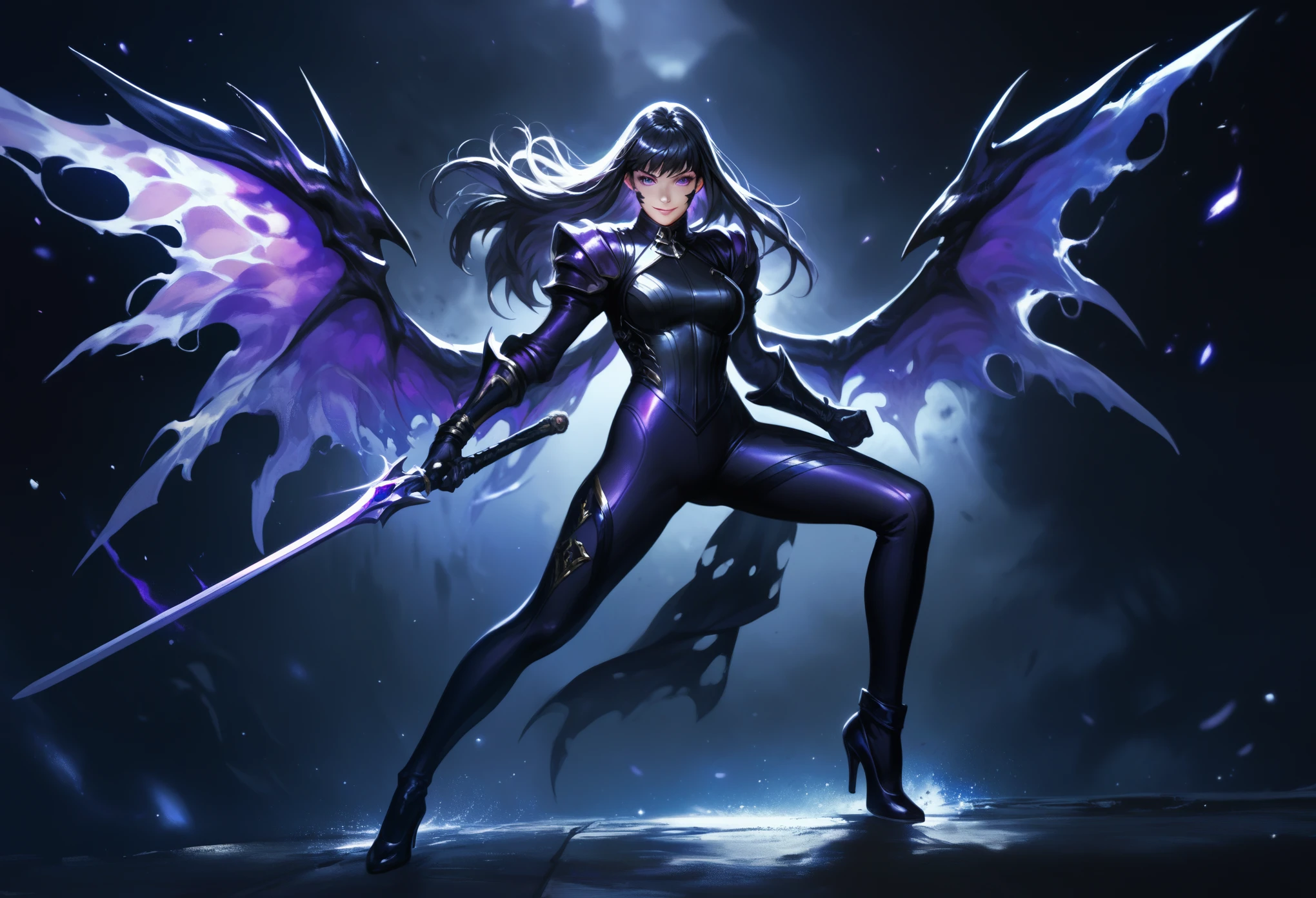 masterpiece, best quality, very aesthetic, absurdres, 1girl, kaisa, black hair, long hair, purple eyes, facial mark, bodysuit, wings, high heels, action pose, smile, standing, full body, looking at viewer, solo, cowboy shot, otherworld, flesh wall, darkness corruption, darkness background
