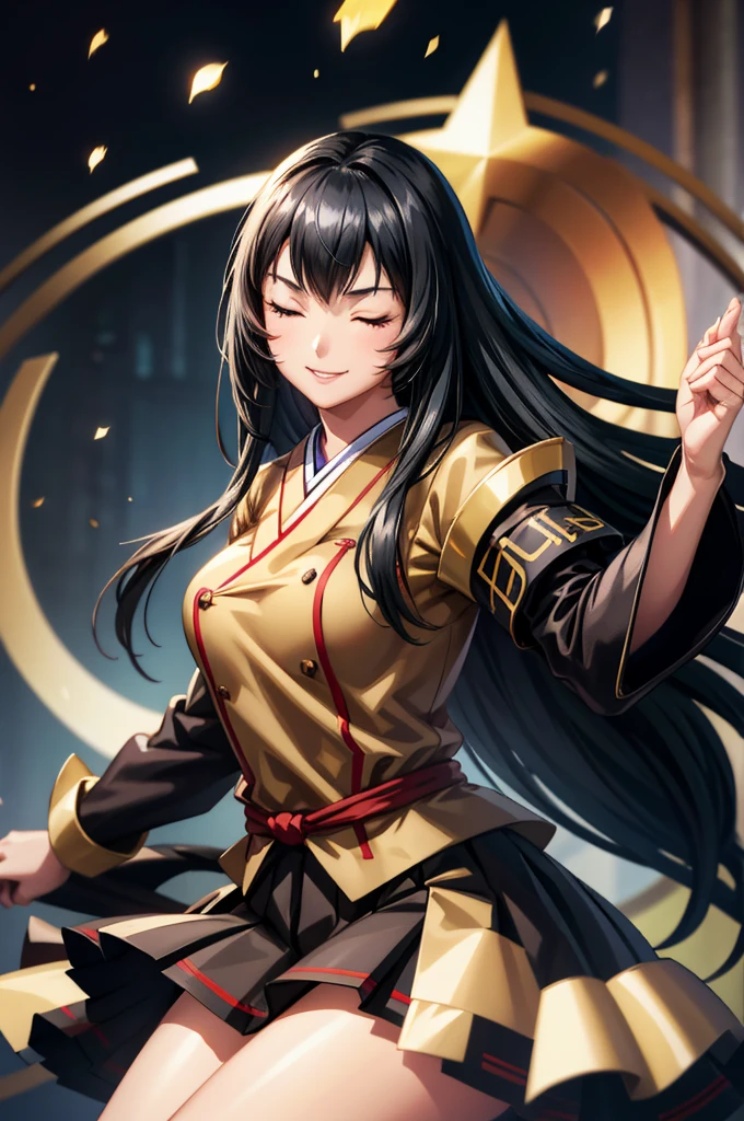 1 girl, intence smile, black hair, もみあげ, hair over  eyes, closed eyes, long hair, dark blue school uniform,  knee length skirt, Japanese school in the background, cinematic lighting, cowboy shot, close-up, UHD, retina, masterpiece, accurate, anatomically correct, textured skin, super detail, high details, high quality, award winning, best quality, highres