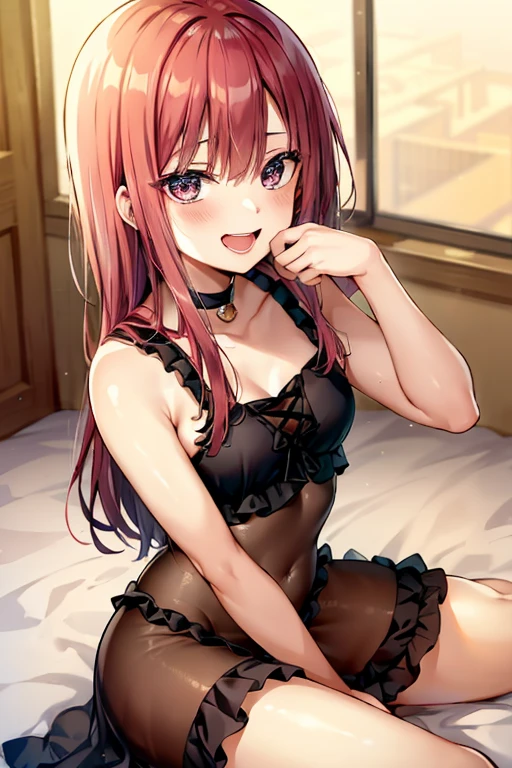 ((Best Quality)), ((masterpiece)), (be familiar with),  perfect face, indoor, bedroom,  watching viewers ,
One woman,  Kitakawa Kaiumi,
 characters with open mouth ,  ecstatic expression, blush, smile,
Small breasts,  flat chest, Young girl, Lori,  s,  girl,
Long Hair,  long hair,
Leg spread,