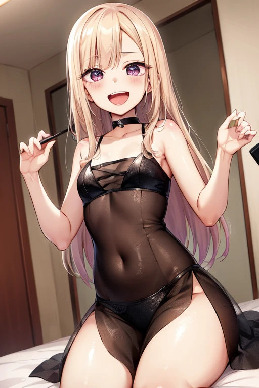 ((Best Quality)), ((masterpiece)), (be familiar with),  perfect face, indoor, bedroom,  watching viewers ,
One woman,  Kitakawa Kaiumi,
 characters with open mouth ,  ecstatic expression, blush, smile,
Small breasts,  flat chest, Young girl, Lori,  s,  girl,
Long Hair,  long hair,
Leg spread,