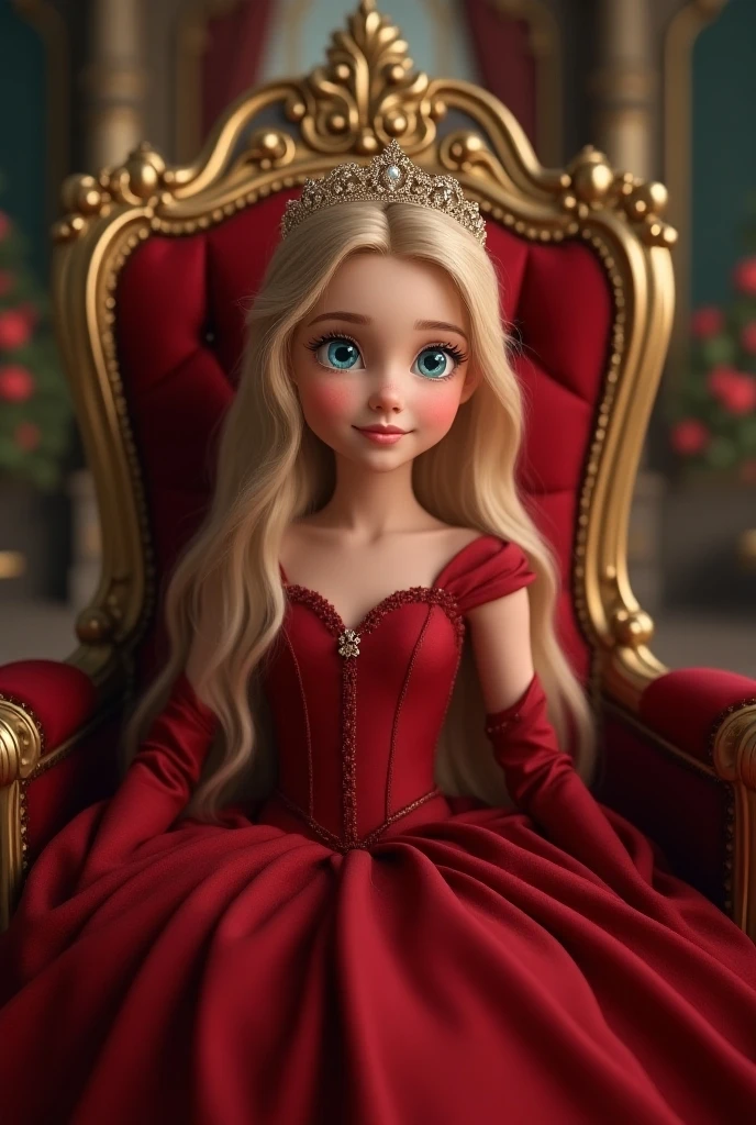 Perfect means,  detail face  , ****************,  princess your toddler,  blue eyes, blonde, smile, Crimson classic dress ,  gorgeous dress , shawl, Cape, Gorgeous skirt, drawer,  gorgeous tiara on her head, royal palace,  are sitting on the throne