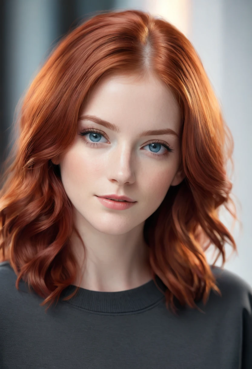 beautiful redheaded woman, freckles, slightly tilted head, dark makeup, hyper-detailed photography, soft light, head and shoulder portrait, cover, sharp focus