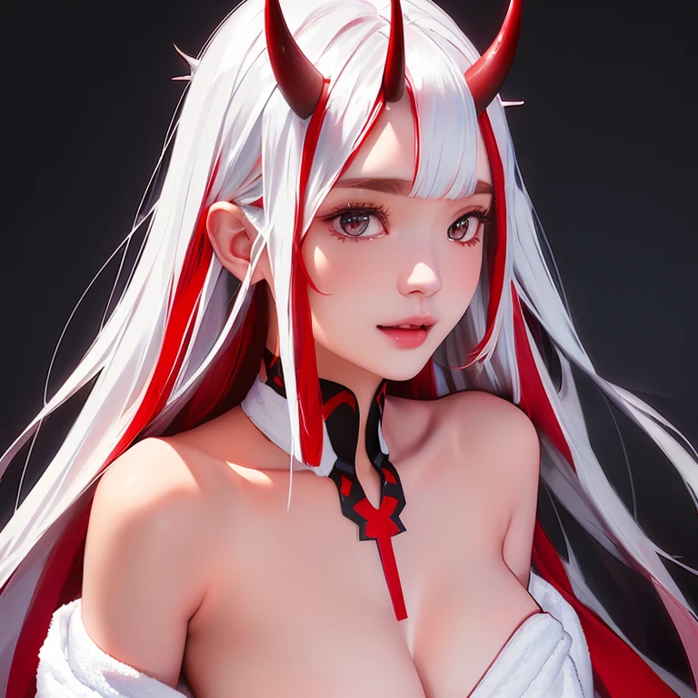 ( Ultra realistic),  a sexy young woman holding a white towel , in front of the body,  with long white hair with red highlights, with horns around her head , ( Ultra realistic)