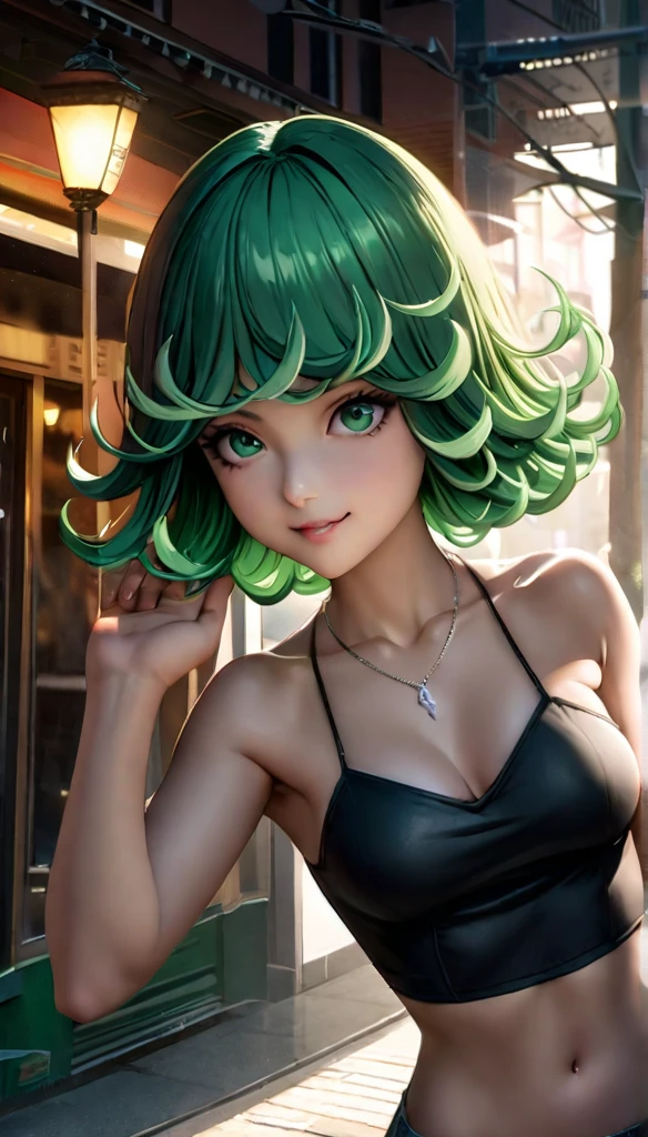  movie lighting, HDR-10,  CG 8k realistic , Visual Key, color anime ,  superior quality ,  charming and pretty girl , (((Tatsumaki))) score_9,  score_8_up,  score_7_up, 1girl, lluminartis , Tatsumaki, green hair, curly hair,  Short Hair , green eyes, bangs, small Breasts,  flipped hair , clear face, green hair, parted bangs, medium hair,  green eyes,  big breasts shirt,  perfect figure , BREAK, Standing,   tilted forward , ( pull the necklace with her hand :1.3), nipple slip, smile,  looking at the spectator,  white off-the-shoulder shirt ,  transparent with three-quarter sleeves, strapless,  crop top, clavicle,  visible low-rise underwear , blue sky, outdoors, street, pedestrian crossing,