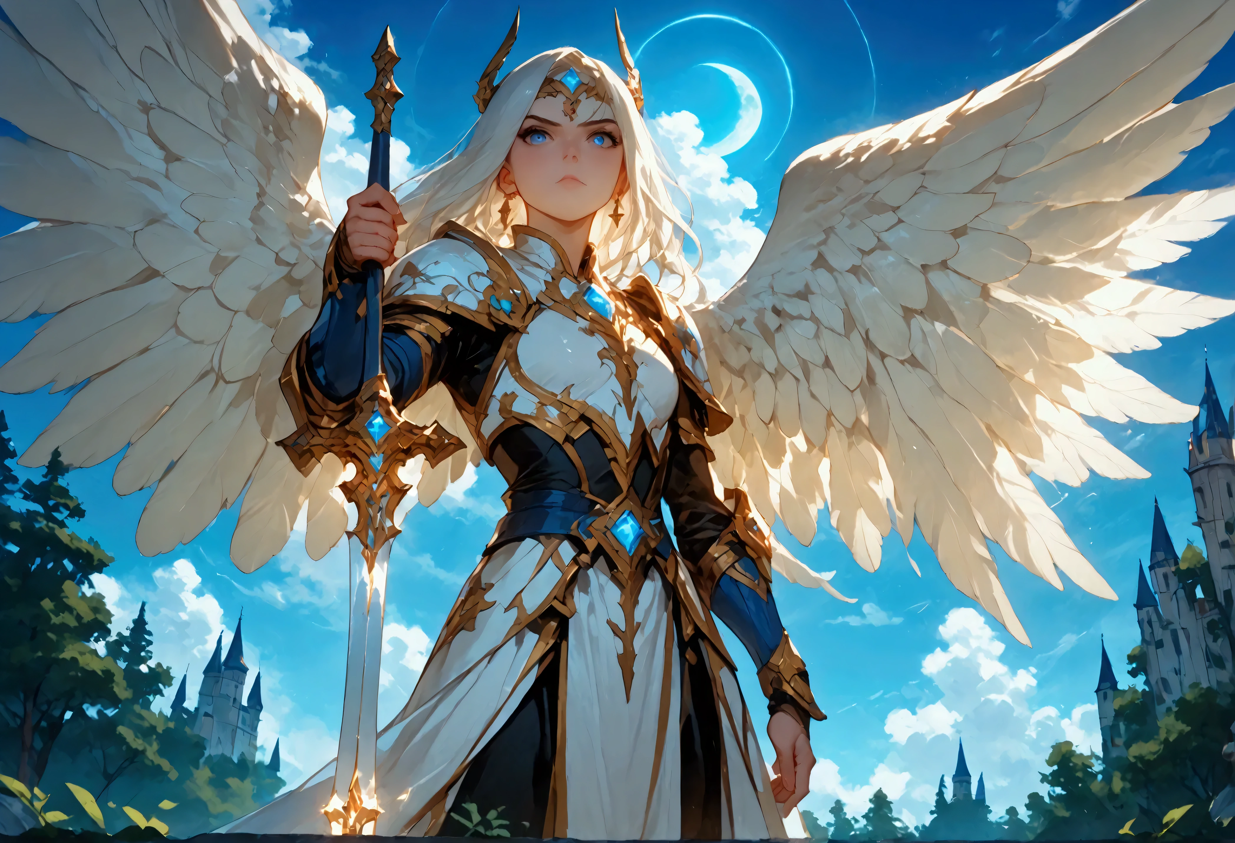 score_9, score_8_up, score_7, an epic fantasy art portrait of aasimar, female, paladin ready for battle under the full moon, holy warrior, spread large feathered wings, majestic wings, white angelic wings spread (Masterpiece, intense details: 1.5), moon light, moon, stars, clouds, holy symbol, armed with a divine sword, wearing holy armor, dynamic hair color, dynamic hair style, dynamic skin complexion, dark fantasy (forest background: 1.3), many trees, under the moonlight, some stars in the sky, some clouds, moon rays, determined face, god rays, cinematic lighting, glowing light, silhouette, from outside, photorealism, panoramic view (Masterpiece 1.3, intense details) , Wide-Angle, Ultra-Wide Angle, 16k, highres, best quality, high details, 16K, ultra detailed, masterpiece, best quality, (extremely detailed), arafed, dnd art, portrait, full body, magical sky, cloud, sky, hkstyle