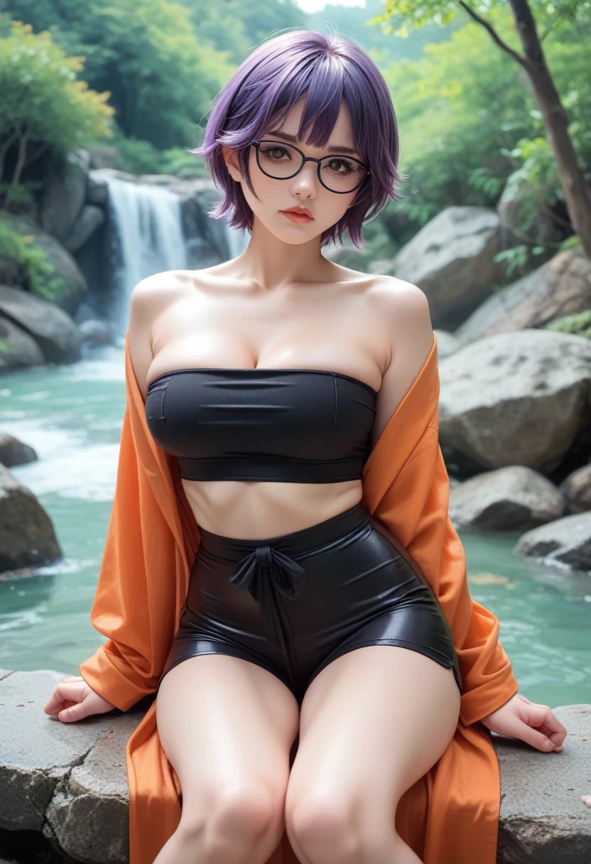 Sarada Uchiha dark hair,short black hair,red glasses,stunning black eyes,clear skin,18-year-old girl,fashionable short hairstyle,vibrant red glasses,Shinobi Academy, she has emerald eyes, a sharp nose, white skin, and a soft face, (best quality, highres:1.2), 1girl, beautiful detailed eyes, beautiful detailed lips, extremely detailed eyes and face, long eyelashes, HDR, studio lighting, sharp focus, physically-based rendering, extreme detail description, portraiting breasts, perfect shape, facing viewer, sweaty, gorgeous, appearing in full frame, good-looking, Beautiful fair skin and luster, Beautiful eyes are big and bright, Small mouth and thin lips, Goodness of style and slendernes), beautiful girl illuminated by seven colors of light, Irridescent coloe, showing off her figure, seductive and confident, enchanting aura, surrounded by cherry blossom trees, delicate and vibrant petals falling all around her, soft pink and white colors, sunlight filtering through the trees, creating a warm and dreamy atmosphere, show nipples, medium breasts, show vagina, spread legs..