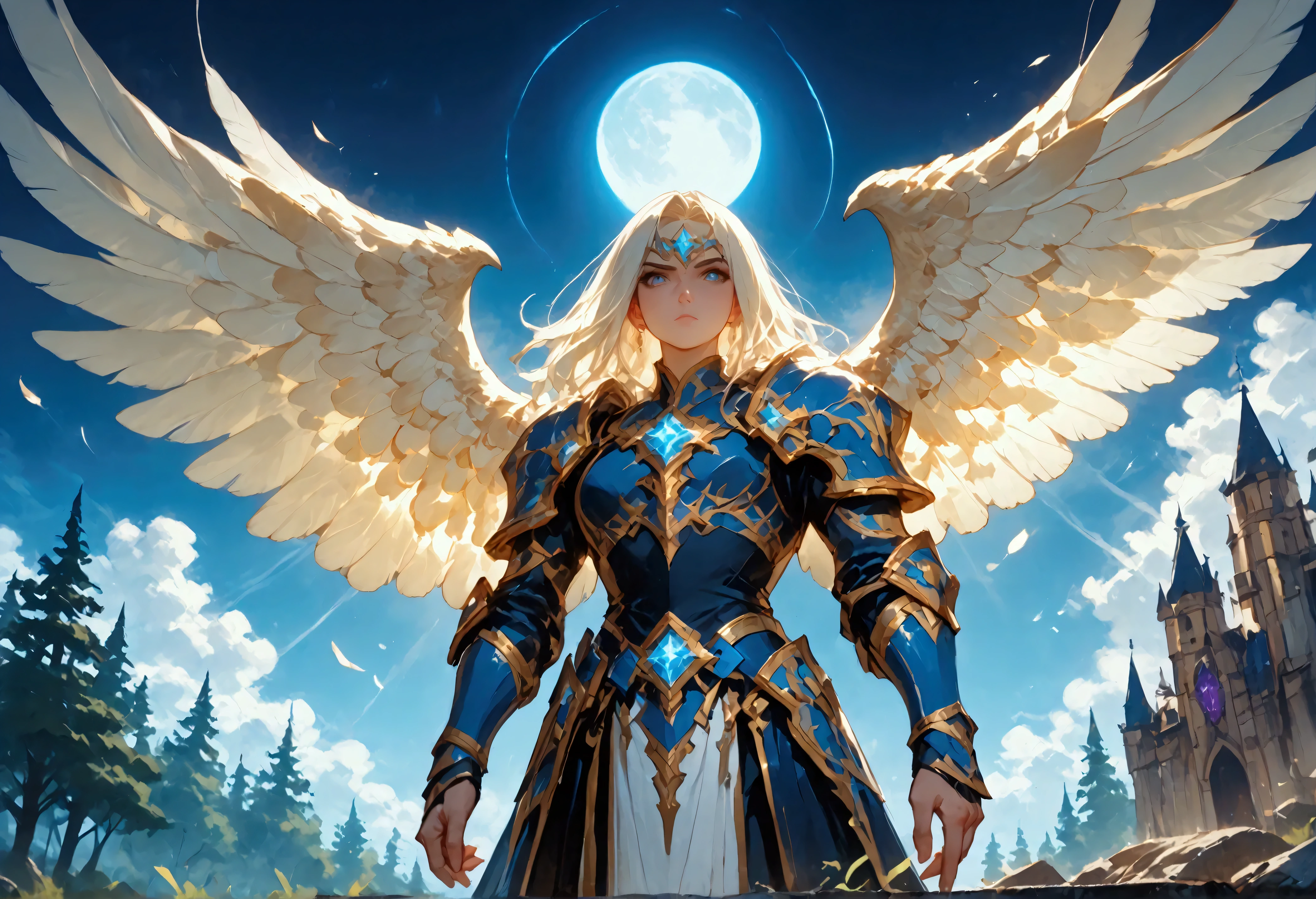 score_9, score_8_up, score_7, an epic fantasy art portrait of aasimar, female, paladin ready for battle under the full moon, holy warrior, spread large feathered wings, majestic wings, white angelic wings spread (Masterpiece, intense details: 1.5), moon light, moon, stars, clouds, holy symbol, armed with a divine sword, wearing holy armor, dynamic hair color, dynamic hair style, dynamic skin complexion, dark fantasy (forest background: 1.3), many trees, under the moonlight, some stars in the sky, some clouds, moon rays, determined face, god rays, cinematic lighting, glowing light, silhouette, from outside, photorealism, panoramic view (Masterpiece 1.3, intense details) , Wide-Angle, Ultra-Wide Angle, 16k, highres, best quality, high details, 16K, ultra detailed, masterpiece, best quality, (extremely detailed), arafed, dnd art, portrait, full body, magical sky, cloud, sky, hkstyle