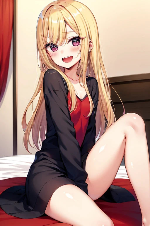 ((Best Quality)), ((masterpiece)), (be familiar with),  perfect face, indoor, bedroom,  watching viewers ,
One woman,  Kitakawa Kaiumi,
 characters with open mouth ,  ecstatic expression, blush, smile,
Small breasts,  flat chest, Young girl, Lori,  s,  girl,
Long Hair,  long hair,
Leg spread,