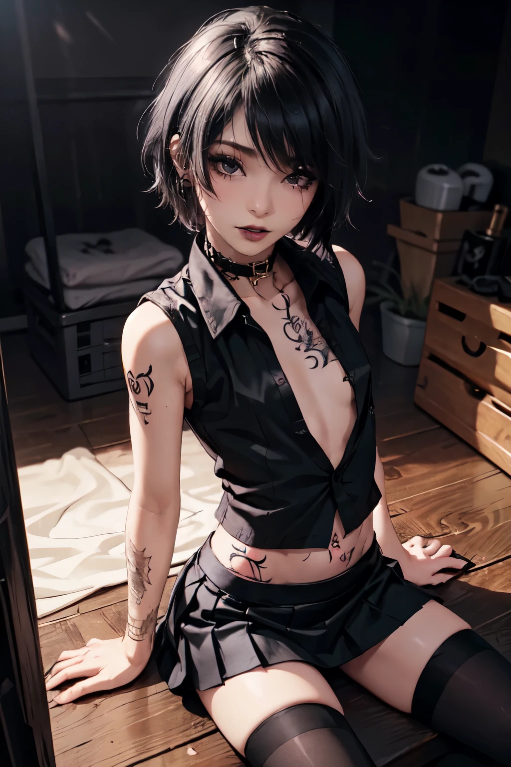 Girl, woman, emo_hairstyle, black lipstick, dog collar, eyeliner, mascara, eye shadow, smoky eyes, realistic lighting, short hair, sleeveless shirt, open shirt, flat chest, small breast, shiny skin, short skirt, thighhighs, tattoos.