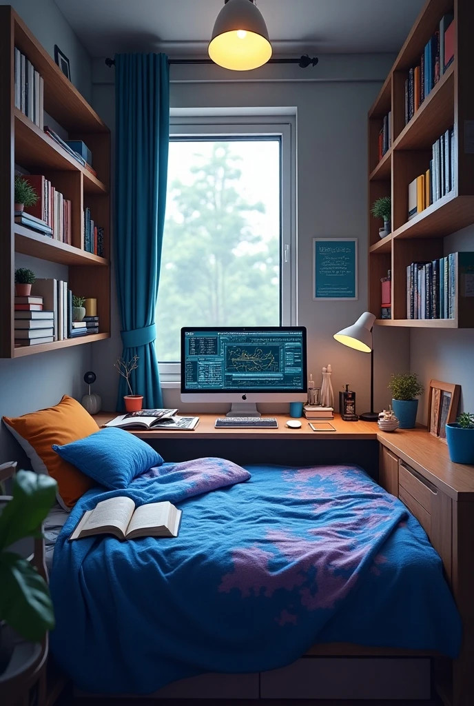 bed, bedroom, indoors, lamp, laptop, night, without people, phone, picture, photo frame, pillow, plant, potted plant, rug, decorations, wooden floor