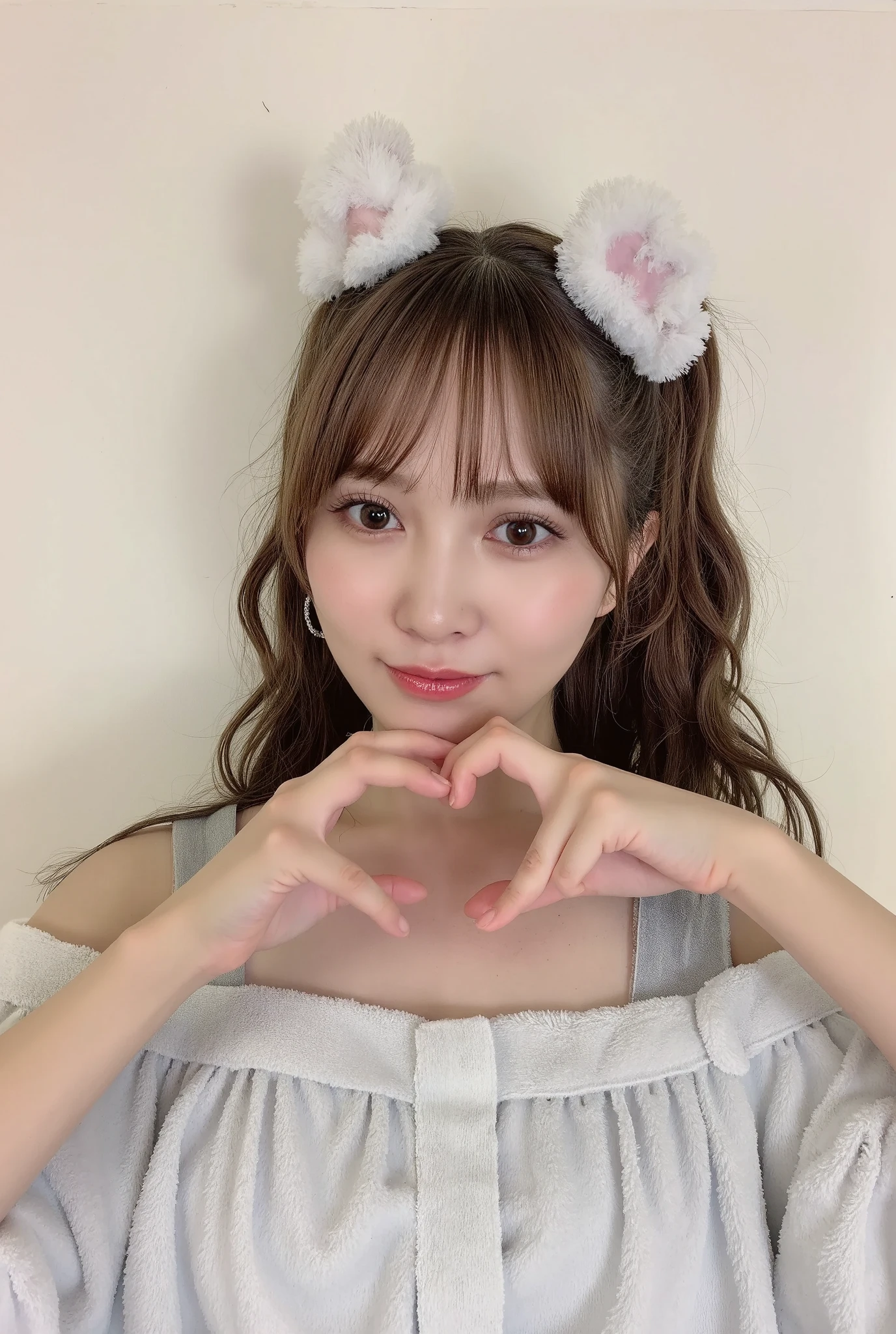 Only one woman with a cute smile wears cute, fluffy off-shoulder pajamas, makes a big heart shape with both hands, and poses them in front of her chest, View above collarbone、The background is a monotone 

