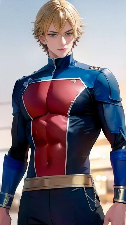 (High-definition CG), (Best Quality),   superhero with a beautiful body, Hero Costumes , Handsome and cool young man ,   Slim and Muscular  , The skin is brown,  blond hair, Frivolous