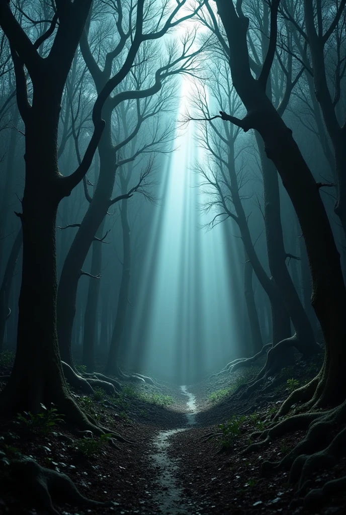 photorealistic of a desolate forest, dark and creepy, a ray of light passing through the darkness, cinematic motion, dramatic light, intens and inttricate