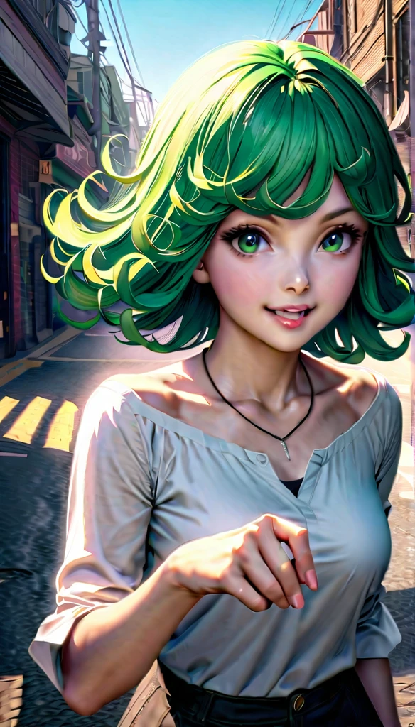  movie lighting, HDR-10,  CG 8k realistic , Visual Key, color anime ,  superior quality ,  charming and pretty girl , (((Tatsumaki))) score_9,  score_8_up,  score_7_up, 1girl, lluminartis , Tatsumaki, green hair, curly hair,  Short Hair , green eyes, bangs, small Breasts,  flipped hair , clear face, green hair, parted bangs, medium hair,  green eyes,  big breasts shirt,  perfect figure , BREAK, Standing,   tilted forward , ( pull the necklace with her hand :1.3), nipple slip, smile,  looking at the spectator,  white off-the-shoulder shirt ,  transparent with three-quarter sleeves, strapless,  crop top, clavicle,  visible low-rise underwear , blue sky, outdoors, street, pedestrian crossing,