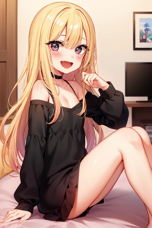 ((Best Quality)), ((masterpiece)), (be familiar with),  perfect face, indoor, bedroom,  watching viewers ,
One woman,  Kitakawa Kaiumi,
 characters with open mouth ,  ecstatic expression, blush, smile,
Small breasts,  flat chest, Young girl, Lori,  s,  girl,
Long Hair,  long hair,
Leg spread,