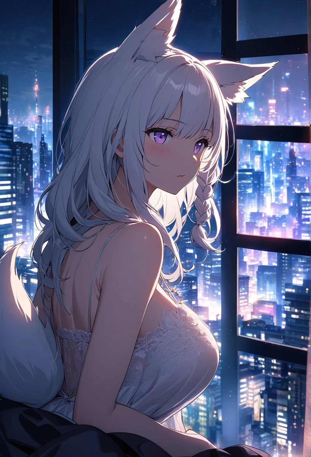 ((POV: Close Camera)) ((Deep thought expression)) ((Alone)) (Mature woman) Create an anime-style image of Aiko, an elegant fox girl with a graceful aura. Viewed from behind as she gazes out of a large bedroom window at the city lights of a vibrant nightscape. She has long, white hair styled in a side braid, soft, fluffy fox ears, and light purple eyes that radiate warmth and kindness. Her expression is gentle and slightly mischievous, conveying both confidence and a caring nature. She is dressed in a transparent white Sexy Lingerie Summer Silk Night Gown Lace Mini Night Dress Spaghetti Strap nightwear that accentuate her figure. She wears a delicate thin simple diamond necklace. Emphasise her graceful figure, big breasts, and mature demeanour, highlighting her caring, protective nature alongside a hint of playful mischief. The room is dark, illuminated only by the warm blue glow from the city’s skyscrapers, casting a soft light across her form. Her silhouette is framed against the glittering lights of the cityscape, creating a peaceful, introspective atmosphere. Depth-of-field keeps Aiko in sharp focus, with the cityscape slightly blurred to enhance the feeling of intimacy and solitude as she quietly observes the world outside her window. 