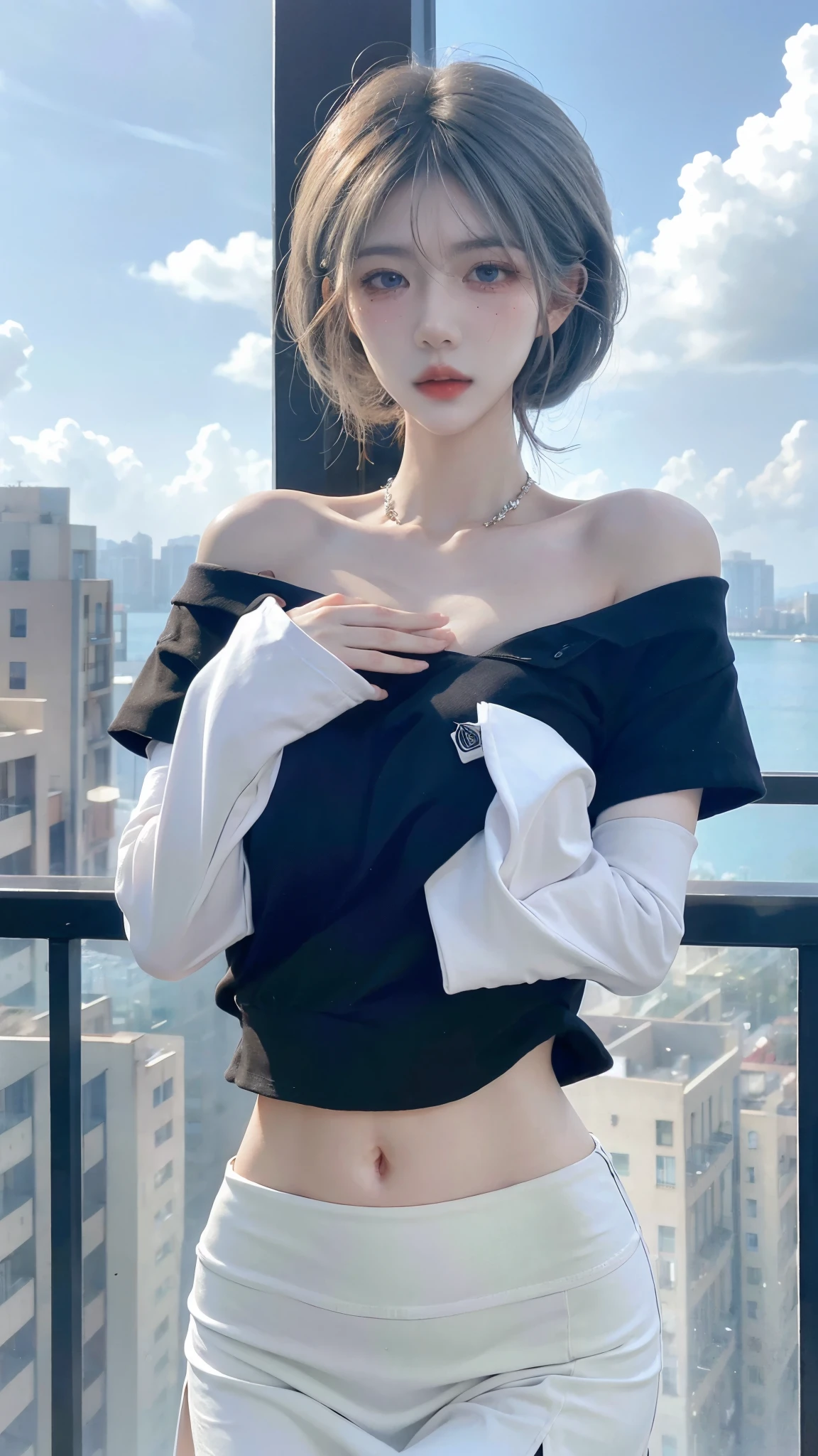 Beautiful woman with perfect figure:1.4,snow,Touching butt with both hands,snow背景,Layered Hairstyle,White skin,Prominent cleavage,Pleated Skirt,whole body,Very delicate face and skin texture,Double eyelids,Skin Whitening,Long white hair
