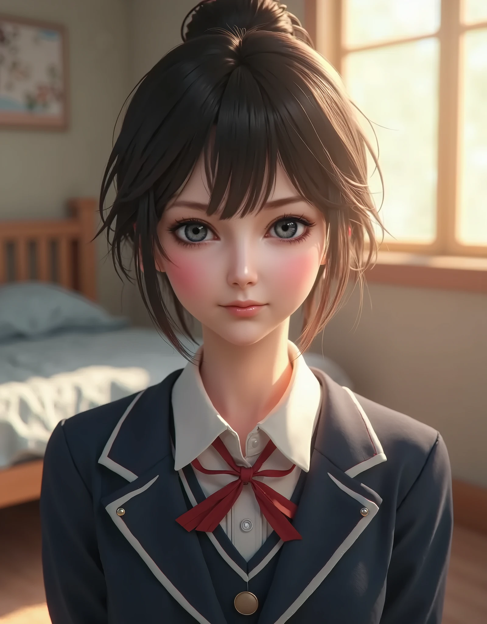 1girl, solo,(best quality),(masterpiece:1.1),(school uniform:1.4),dress, looking_at_viewer, neck_ribbon, cute, clear facial skin,short hair