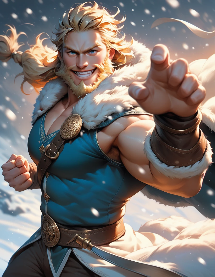 score_9, score_8_up, score_7_up, muscular male, winter clothes, big beard, cool, from side, epic pose, muscular, evil smile, blonde hair, viking, pants, looking at viewer, cowboy shot, dynamic pose, smile, cute, wide shot, solo, dutch angle, 