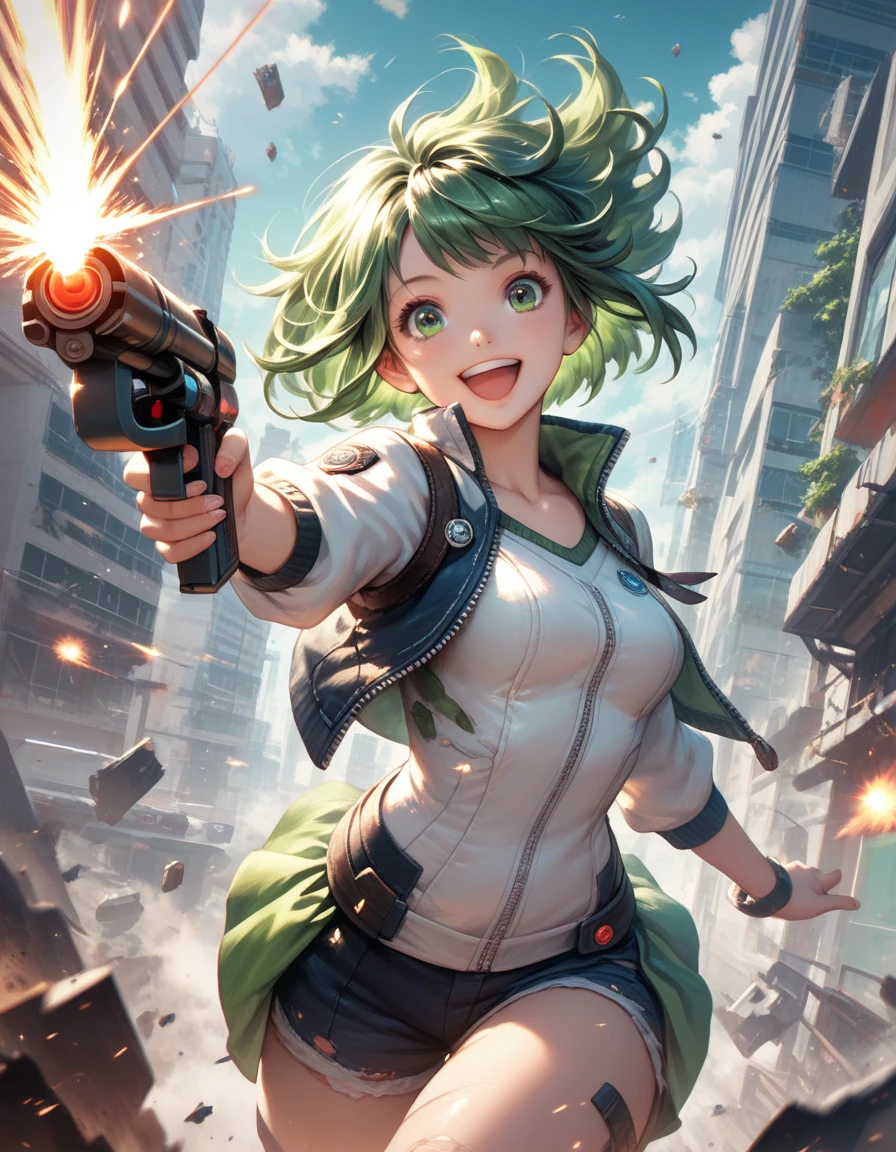 score_9, score_8_up, score_7_up,  shooting a giant gun, laser, explosion, green hair, floating hair, laughing, destroyed city, futuristic, looking at viewer, cowboy shot, dynamic pose, smile, cute, wide shot, solo, dutch angle, detailed background, 