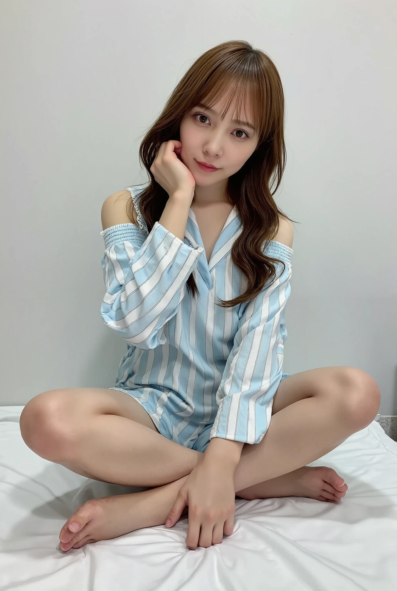 Full body shot from the front、Wear off-the-shoulder mini one-piece pajamas, bend your knees, spread your legs, take a cross-legged pose, and sit while looking at me, Slender bare legs 、smile、The background is a monotone 

