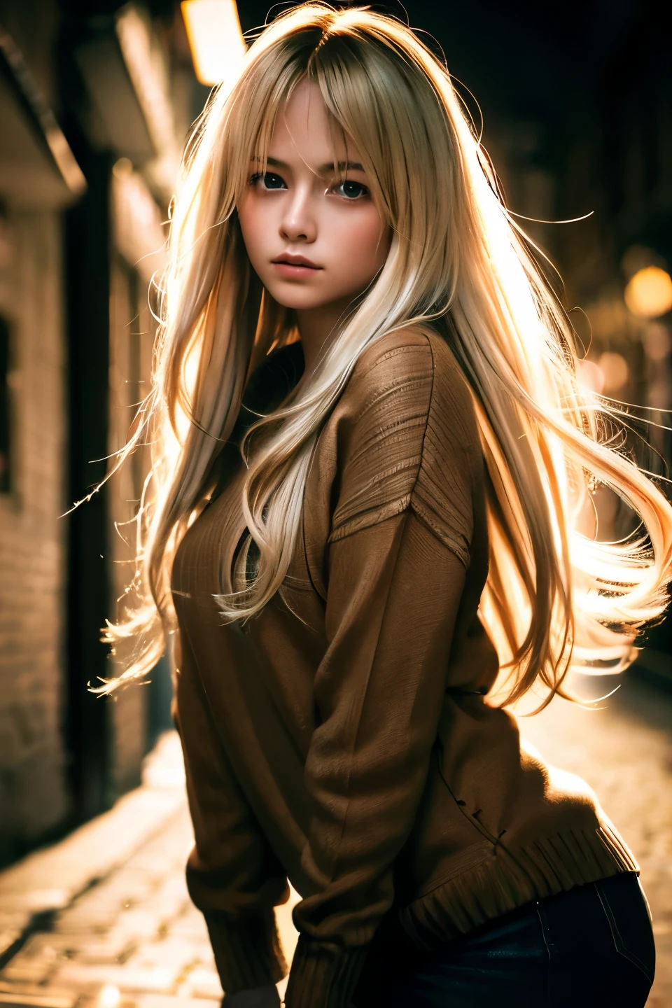 Best quality, masterpiece, ultra high res, (photorealistic:1.4), raw photo, 1girl, long hair, blonde messy hair, bang,  detailed eyes and face, arms behind head brown sweater, leaning front,  dynamic lighting, in the dark, floating hair, quiet street, deep shadow, low key, cowboy shot