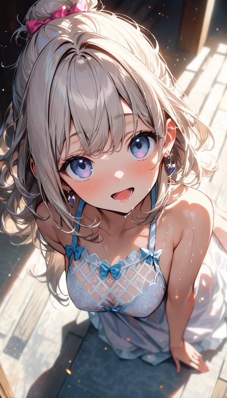 -yeld cu1loli:1.3、pretty infant:1.ependent、Look forward、Light eye makeup、Brown Hair Color、Hair blowing in the wind、Quality of actress、Shiny, Ultra-realistic cowboy shot、blush、Watery eyes、look up、Soothing lighting effects、 Ultra-Realistic Capture、Very detailed、High resolution 16k human skin closeup, Skin texture must be natural、Must be so detailed that pores are visible、skin is healthy、Must be of taking off see-through camlsole tone、Use natural light and color、High quality photos taken by modeling agencies, Exclusive photographer, smile, break. cleavage of the breasts, areola slip, nipples visible through clolthes, no bra, crotch