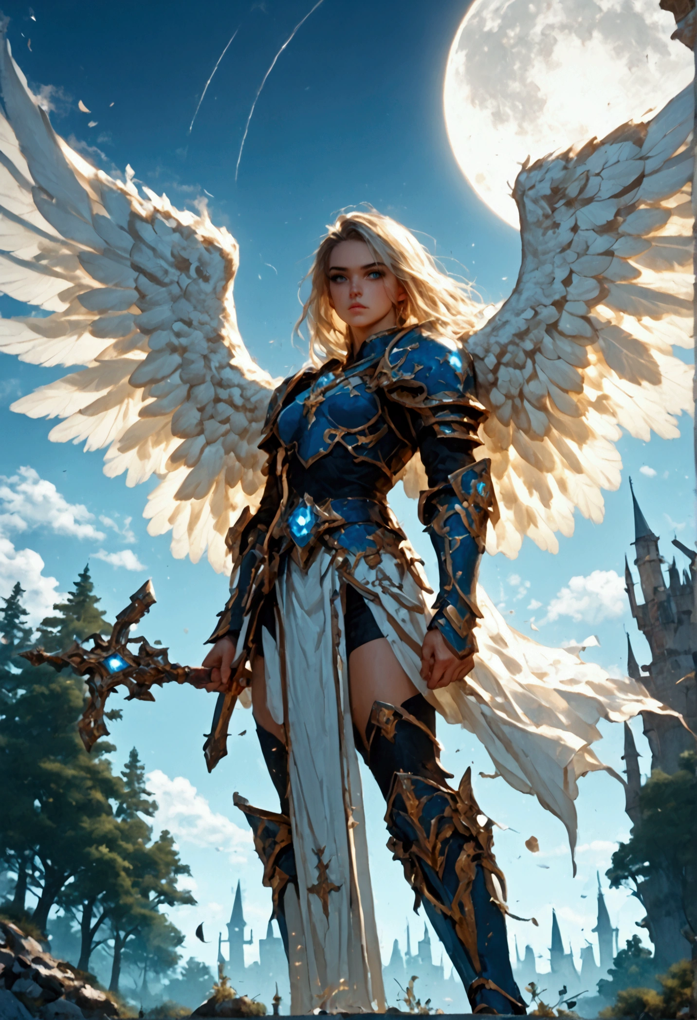 score_9, score_8_up, score_7, an epic fantasy art portrait of aasimar, female, paladin ready for battle under the full moon, holy warrior, spread large feathered wings, majestic wings, white angelic wings spread (Masterpiece, intense details: 1.5), moon light, moon, stars, clouds, holy symbol, armed with a divine sword, wearing holy armor, dynamic hair color, dynamic hair style, dynamic skin complexion, dark fantasy (forest background: 1.3), many trees, under the moonlight, some stars in the sky, some clouds, moon rays, determined face, god rays, cinematic lighting, glowing light, silhouette, from outside, photorealism, panoramic view (Masterpiece 1.3, intense details) , Wide-Angle, Ultra-Wide Angle, 16k, highres, best quality, high details, 16K, ultra detailed, masterpiece, best quality, (extremely detailed), arafed, dnd art, portrait, full body, magical sky, cloud, sky, hkstyle