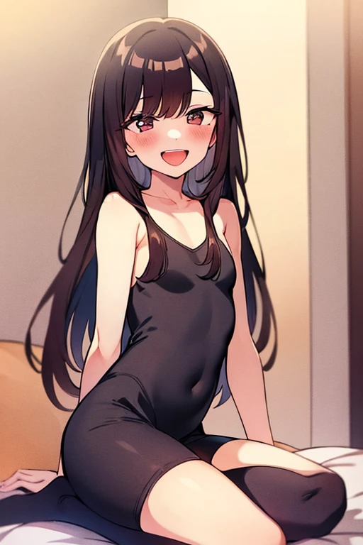 ((Best Quality)), ((masterpiece)), (be familiar with),  perfect face, indoor, bedroom,  watching viewers ,
One woman,  Kitakawa Kaiumi,
 characters with open mouth ,  ecstatic expression, blush, smile,
Small breasts,  flat chest, Young girl, Lori,  s,  girl,
Long Hair,  long hair,
Leg spread,