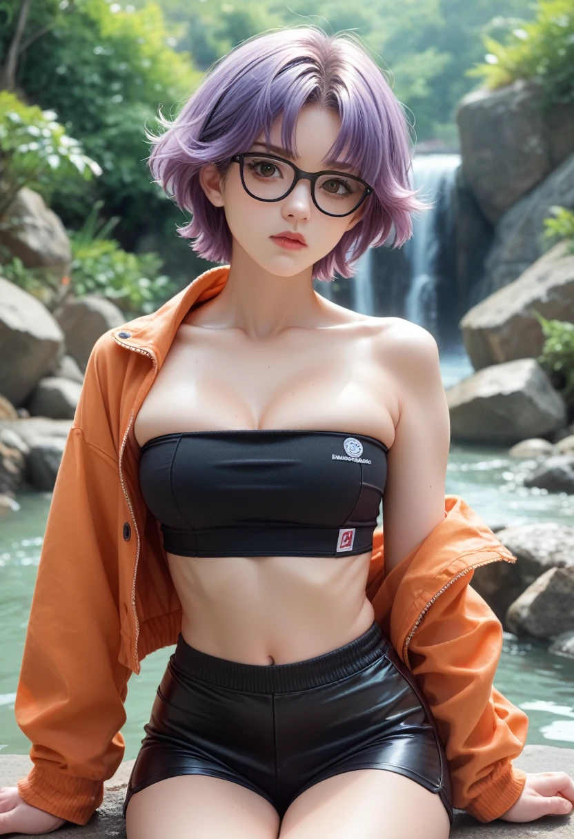 (naked), (Highest quality), (Ultra-high resolution), (Realistic), Japanese, 1girl, (cute), (night sky), big fireworks, pink hair, lipstick, eyeshadow, eyeliner, choker, (red rim glasses), ((Sweaty))