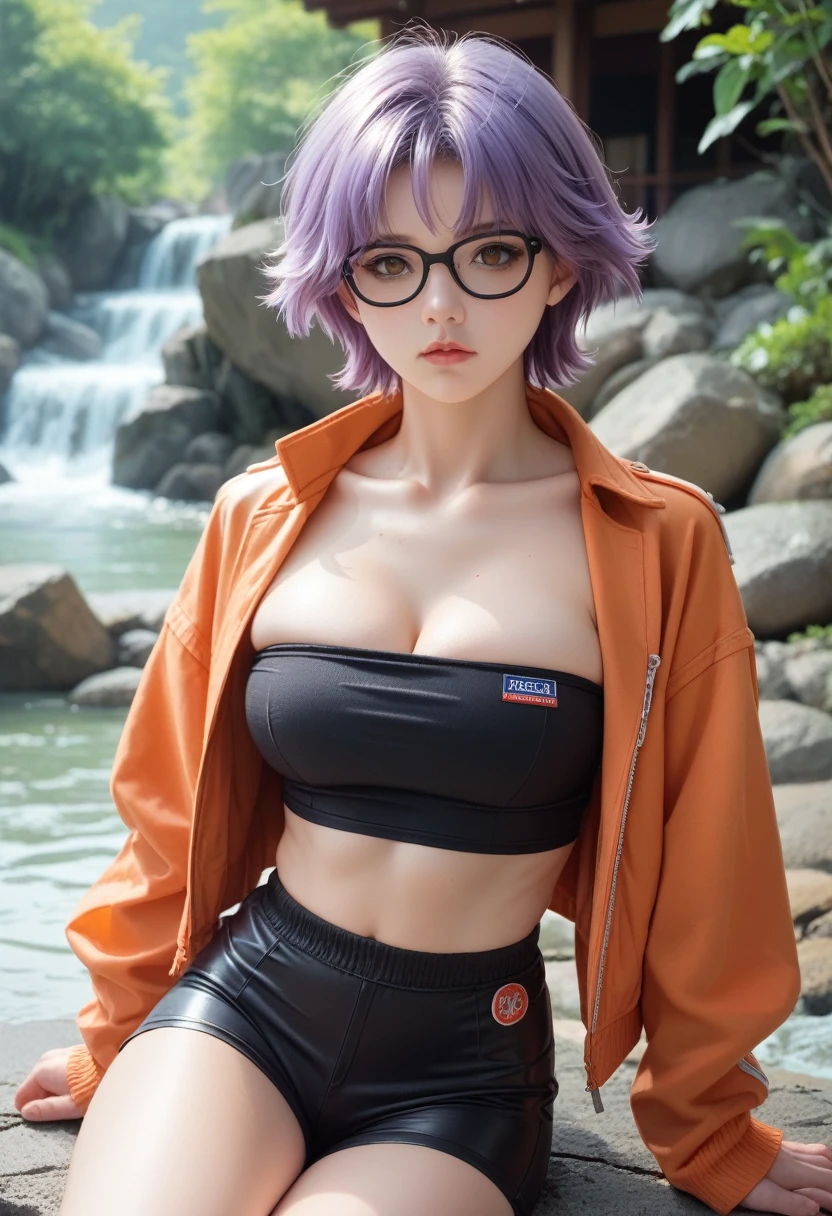 (Photorealism: 1.2) Beautiful girl, very large breasts, pale white skin, short purple hair, beautiful brown eyes, black eyeliner, teen face. Hotspring background. Orange jacket over a black tube top and tight black shorts. The jacket has a capsule corp emblem on the shoulder. Black Glasses. Lucca from chrono trigger. 