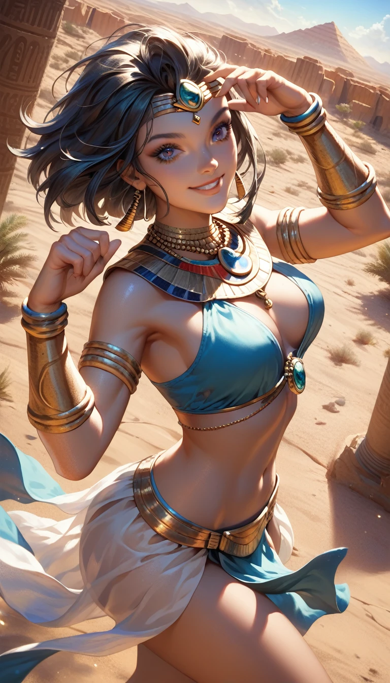 score_9, score_8_up, score_7_up, cute pose, detailed background, smile, looking at viewer, smile, cowboy shot, (dynamic pose:1.1), dynamic angle, sexy pose, from above, desert, from side, makeup, forehead jewel, egyptian clothes, bikini, necklace, gem, loincloth, bracer, bracelet, 