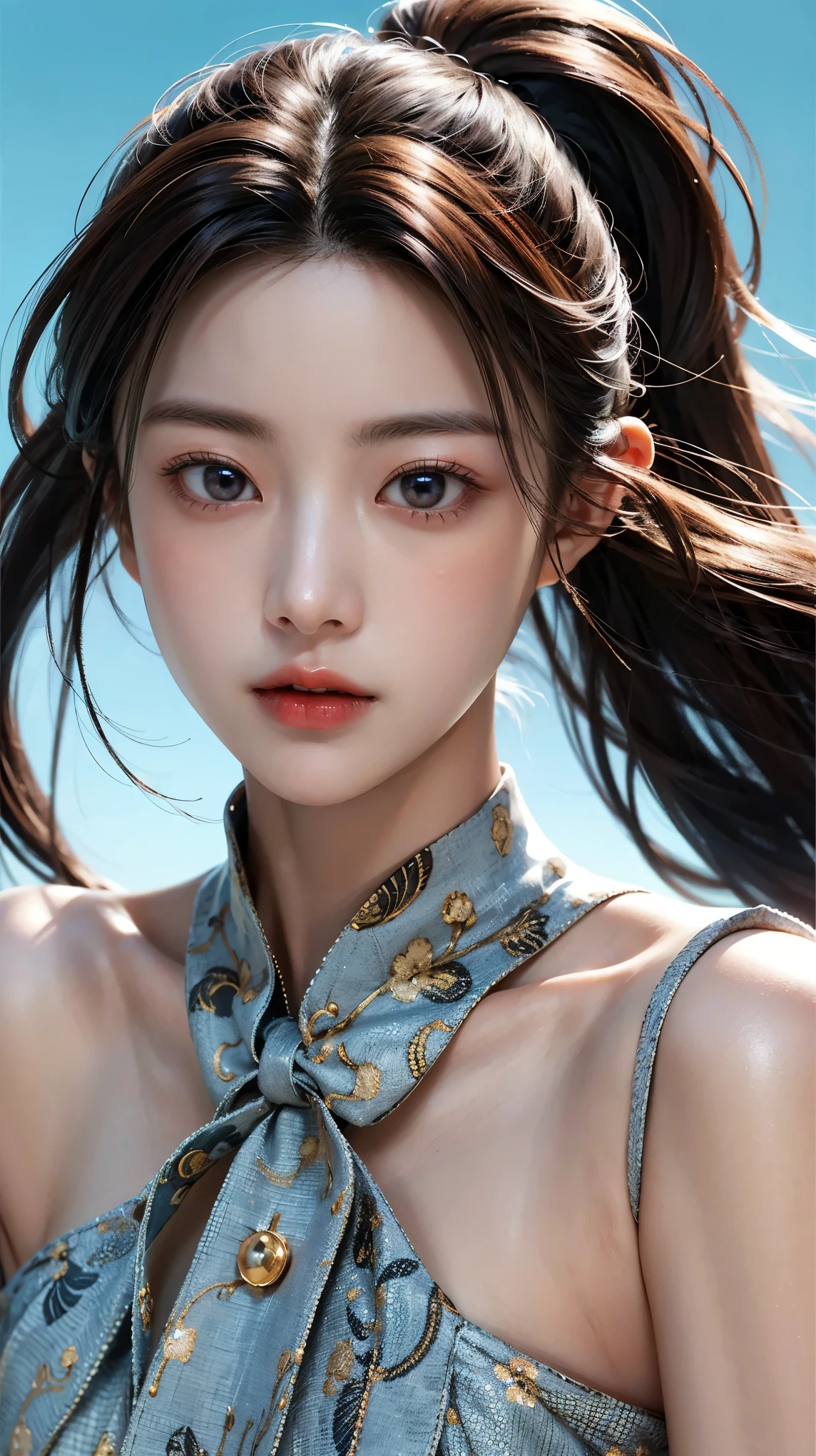 (masterpiece), (top class), (highly detailed), (illustration), (1girl), looking at the viewer, (interview), beautiful detailed eyes, delicate and beautiful face, floating, (high saturation), (shining), blue sky, bright and beautiful face, the skin is young and radiant, fair and radiant, the best appearance, very beautiful, big eyes shine with transparent sky blue light, beautiful and wonderful beautiful girl,