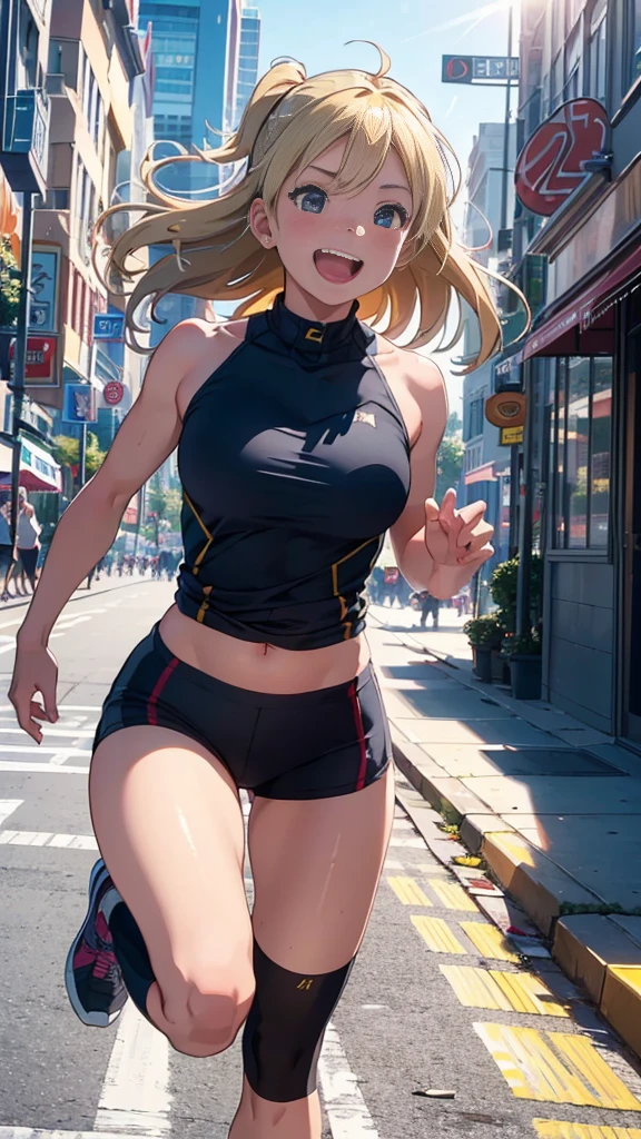 (masterpiece, Extremely realistic, photo-realism, Extremely precise in every detail:1.1), (best quality:1.1), (extremely detailed CG unity 8k wallpaper), (best illustration), (best shadow), (absurdres:1.1), (realistic lighting), ((beautiful detailed glow)), a girl, 13 years old, ((wearing a shiny skinny blue Track and field bra-top)), ((wearing a shiny skinny racing bloomers)), Slender, blonde, (she is running in a city)