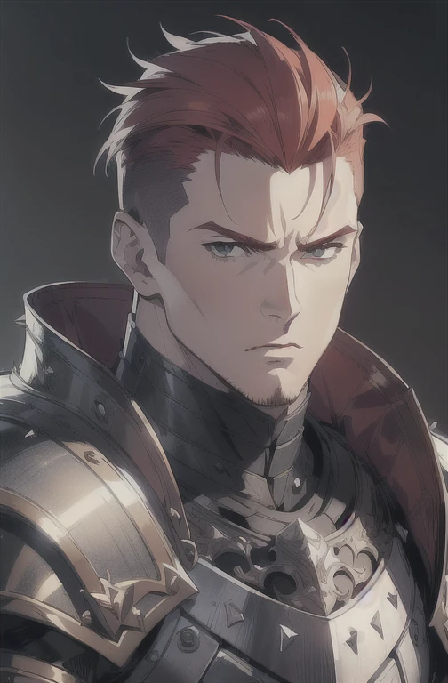 (masterpiece, ultra-detailed, high resolution, best quality:1.2), (anime, simple background, plain background), (knight, armor, muscular, large build, sketchy knight drawing, 1guy, male focus, solo, cape, adult male, middle aged, portrait), (forehead, undercut, spiked hair, (redhead), (very thin beard:0.9))