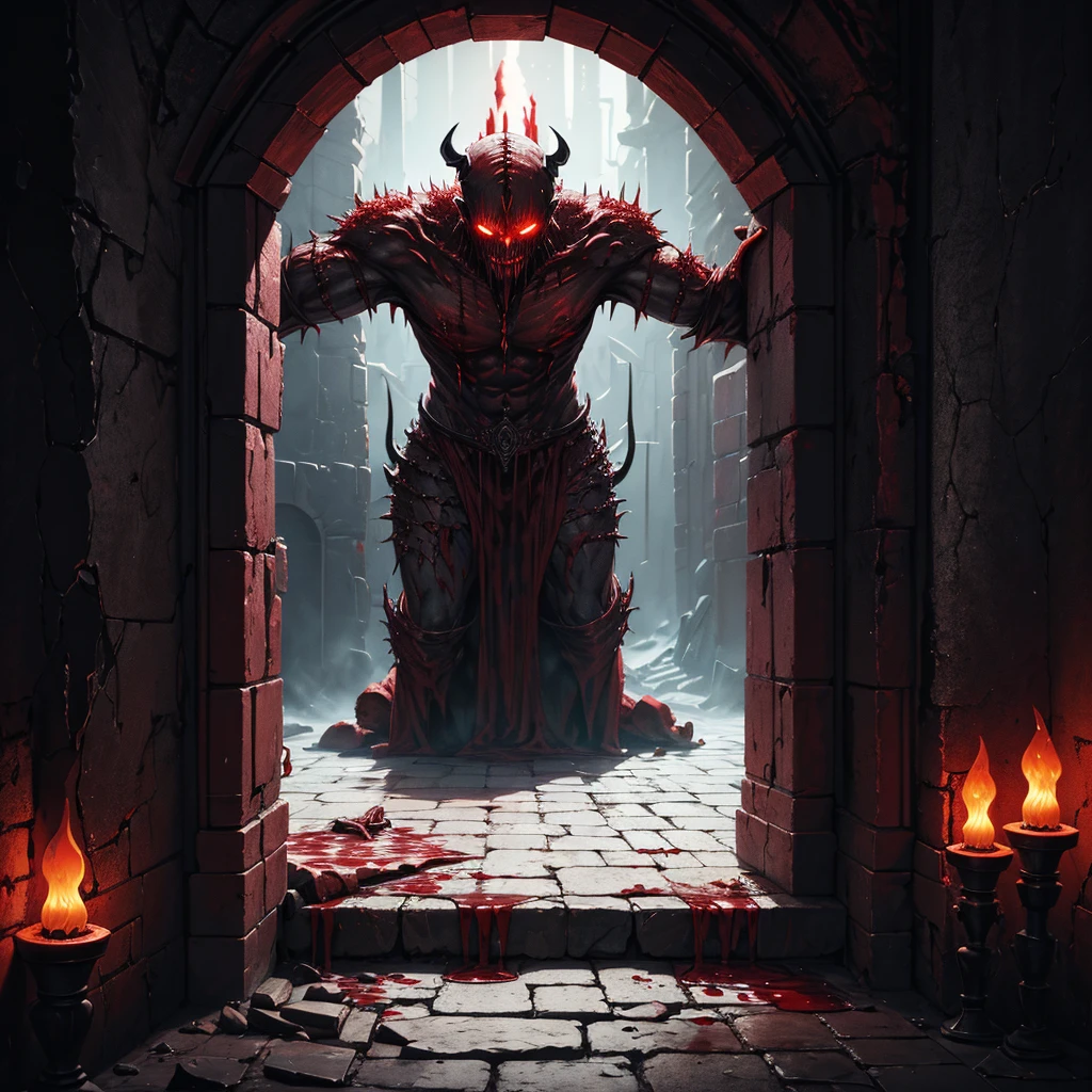 Gateway to Hell ,  riddled with blood,  is waiting for the demon , (masterpiece:  highest quality , Artwork,  detailed content , Light, red elements ,  dark elements .