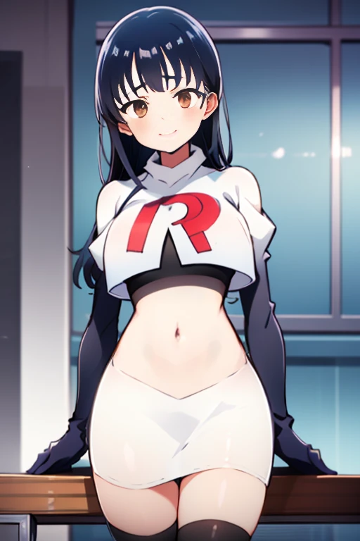 (masterpiece, best quality, ultra-detailed), 1girl, AnnaYamada, blue hair, brown eyes, looking at viewer, team rocket,team rocket uniform,white skirt,crop top,black thigh-highs,black elbow gloves,