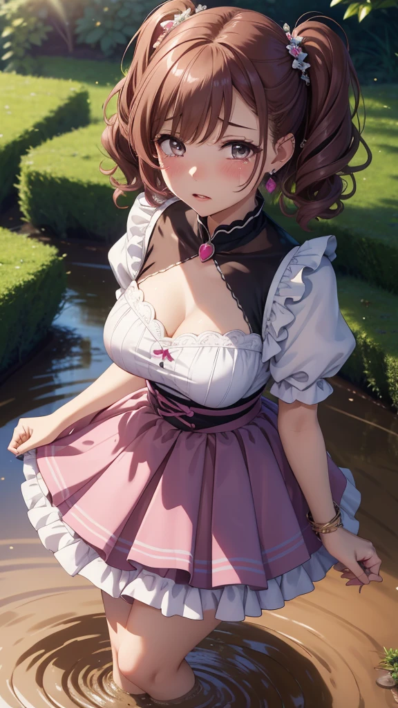 muste piece、masterpiece、highest quality、Super detailed、High resolution、8K portrait、High definition CG of Unity 8k wallpaper、cute type little:1.5、Lori:1.5、Highly detailed CG unity 8k wallpaper、Realistic、real person、 portrait photography、shiny skin、High definition、(:1.2)、(1 girl)、beautiful clear eyes、extremely detailed description、delicate face、nice lips、slender body、small breasts、thin waist、thin legs、(garden:1.6)、1 girl, cute type, perfect face, seriously, (blush:1.5),(brown hair bob hair:1.3),(small breasts:1.4),((1. Clothes Lift.3)),(I have nipples:1.2),((Maid clothes:1.3)),(black dress:1.1),(looking at view:1.2),(from front:1.2),gran,((climax in vagina:1.5)),(squat)