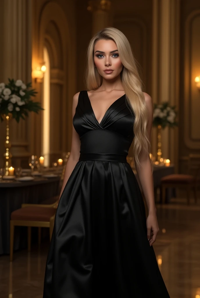 Front image of a 25-year-old European woman, Auf die Kamera zeigen, blondes Haar, Smileing, (Erstaunliche Hautdetails: 1.4), (natural skin: 1.2), (poren: 0.6), Schminke, (Detaillierte Augen: 1.2), round medium breasts, Spaltung, Hourglass Body Shape, schwarzer Hintergrund, Studio, Lichter Rand, somber atmosphere, (bokeh: 1.2), Fotografie, filmisch, fotorealistisch, Ultrarealistisch, fit girl, Hautenges Kleid, tiefer Ausschnitt, Perfekte Figur, mit sexy outfit vollbild, in der Stadt