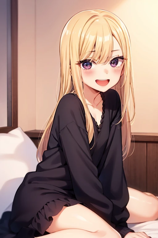 ((Best Quality)), ((masterpiece)), (be familiar with),  perfect face, indoor, bedroom,  watching viewers ,
One woman,  Kitakawa Kaiumi,
 characters with open mouth ,  ecstatic expression, blush, smile,
Small breasts,  flat chest, Young girl, Lori,  s,  girl,
Long Hair,  long hair,
Leg spread,