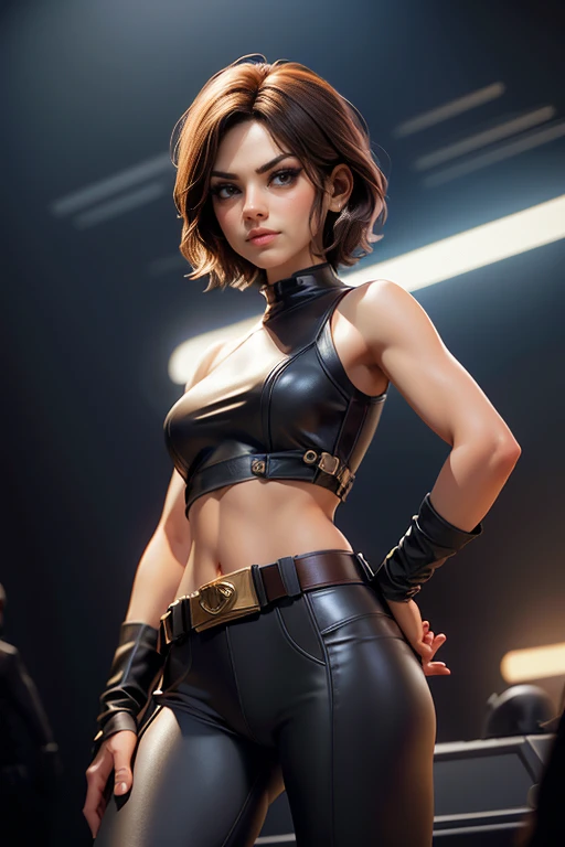 Star Wars ,  short hair , brown eyes, confident, decided, firm stance, confident expression,  female smuggler wears tight brown leather leggings with belt,  masterpiece , super detail,  lyrics,  composition epic character,  natural lighting ,  sharp focus,  ultra resolution ,  plain white background , without patterns, No textures.