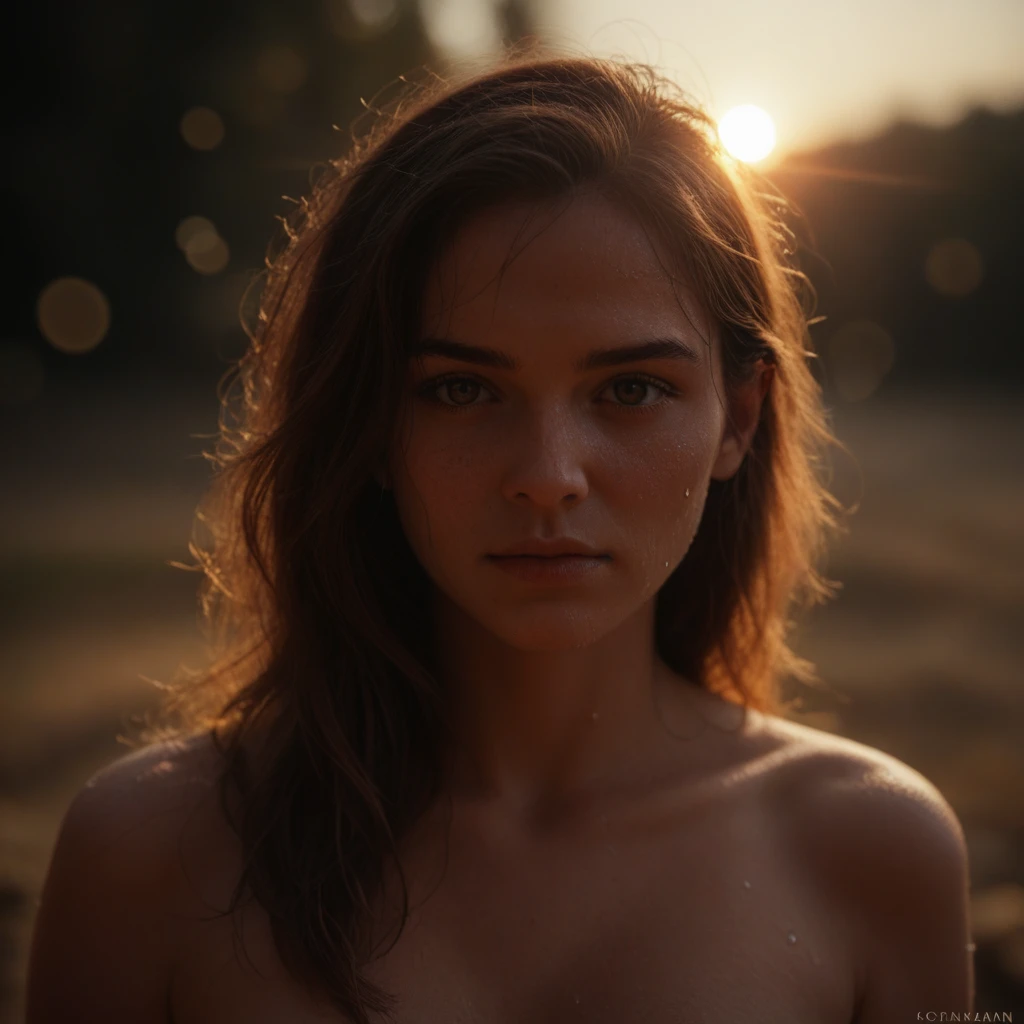 teenage girl, year 1995, topless, curly hair, ultra realistic, realistic skin, ultra detailed face, Auroral Dreamscape style of a peaceful lakeside at dawn, merging aurora-like dreaminess with a realistic touch, in dawn pink and misty grey