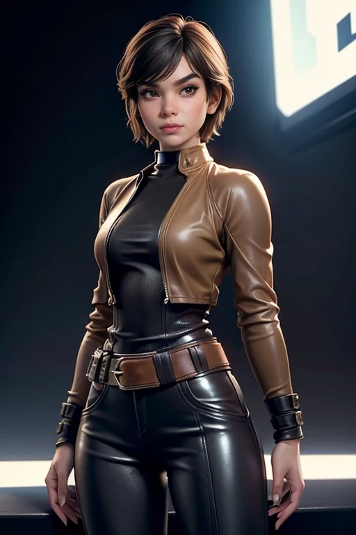 Girl 23 years old, brunette, short haircut, big butt, ideal figure, wearing a leather coat, leather skinny pants, leather gloves. She is sitting on a chair