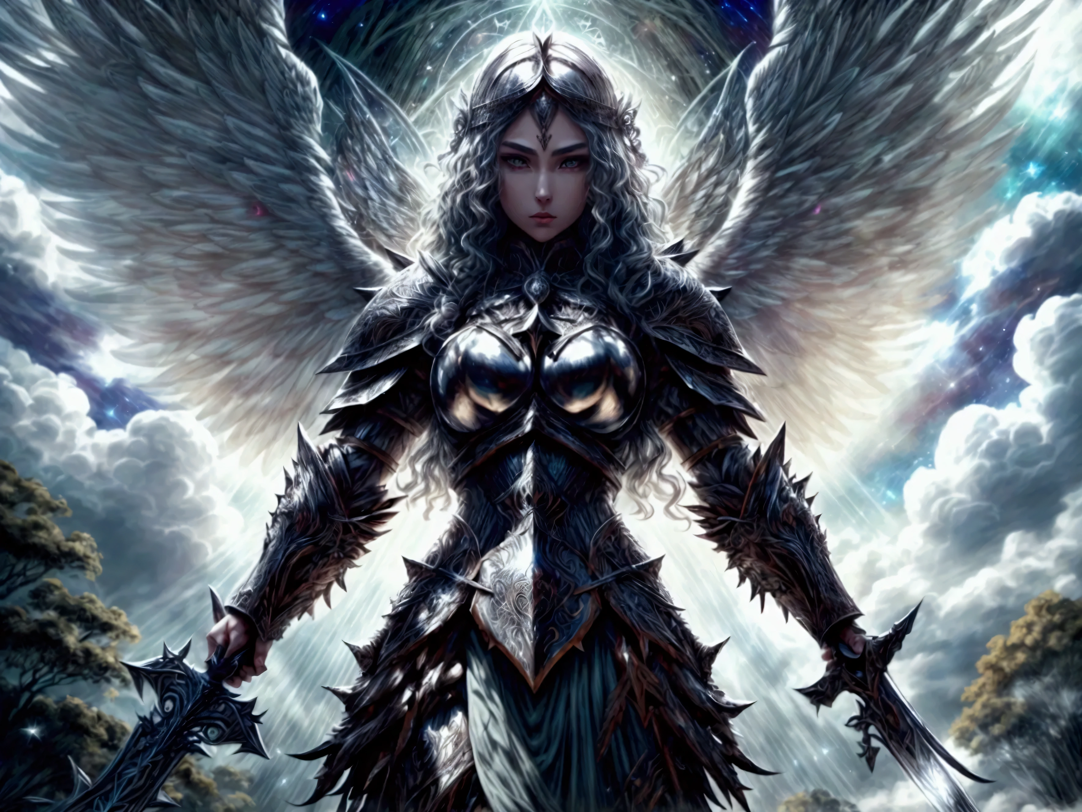 score_9, score_8_up, score_7, an epic fantasy art portrait of aasimar, female, paladin ready for battle under the full moon, holy warrior, spread large feathered wings, majestic wings, white angelic wings spread (Masterpiece, intense details: 1.5), moon light, moon, stars, clouds, holy symbol, armed with a divine sword, wearing holy armor, dynamic hair color, dynamic hair style, dynamic skin complexion, dark fantasy (forest background: 1.3), many trees, under the moonlight, some stars in the sky, some clouds, moon rays, determined face, god rays, cinematic lighting, glowing light, silhouette, from outside, photorealism, panoramic view (Masterpiece 1.3, intense details) , Wide-Angle, Ultra-Wide Angle, 16k, highres, best quality, high details, 16K, ultra detailed, masterpiece, best quality, (extremely detailed), arafed, dnd art, portrait, full body, EpicSky, cloud, sky, Comistyle, realistic