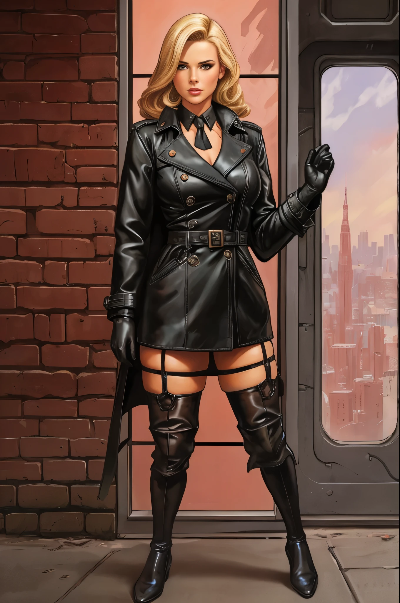 blonde bombshell, clyde caldwell, leather trenchcoat, stockings, garters