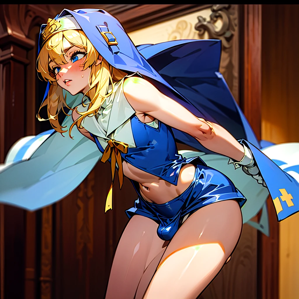 (Delicate and beautiful CG art, 8K, HighDynamicRange, better quality, very detailed, high resolution) (Masterpiece, best quality: 1.2, photorealistic, intricate details, realistic skin, realistic body) 1 boy, Guilty Gear Bridget, blonde hair, blue eyes, blush, male nun appearance, Wearing clothing worn exclusively by Bridget, including a blue nun's veil that reaches his waist, bicycle short shorts, and gloves on his hands. eager pet pose, focus on panties,happy, ahegao, rolling eyes, with his hands wrapped over his head, the whole body is printed in the artwork. His legs are emphasized, portraying a athletic, stomach bulge, belly bulge, deep penetration