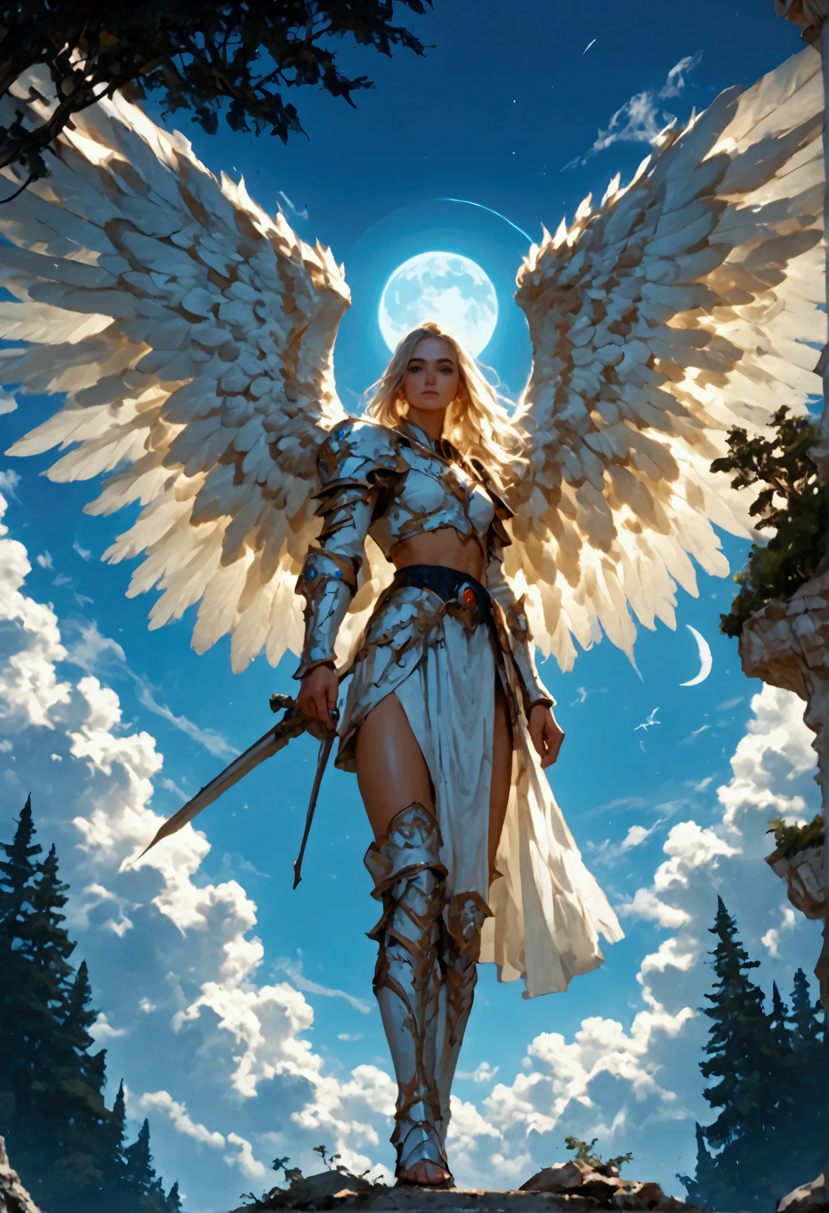 score_9, score_8_up, score_7, an epic fantasy art portrait of aasimar, female, paladin ready for battle under the full moon, holy warrior, spread large feathered wings, majestic wings, white angelic wings spread (Masterpiece, intense details: 1.5), moon light, moon, stars, clouds, holy symbol, armed with a divine sword, wearing holy armor, dynamic hair color, dynamic hair style, dynamic skin complexion, dark fantasy (forest background: 1.3), many trees, under the moonlight, some stars in the sky, some clouds, moon rays, determined face, god rays, cinematic lighting, glowing light, silhouette, from outside, photorealism, panoramic view (Masterpiece 1.3, intense details) , Wide-Angle, Ultra-Wide Angle, 16k, highres, best quality, high details, 16K, ultra detailed, masterpiece, best quality, (extremely detailed), arafed, dnd art, portrait, full body, magical sky, cloud, sky, hkstyle