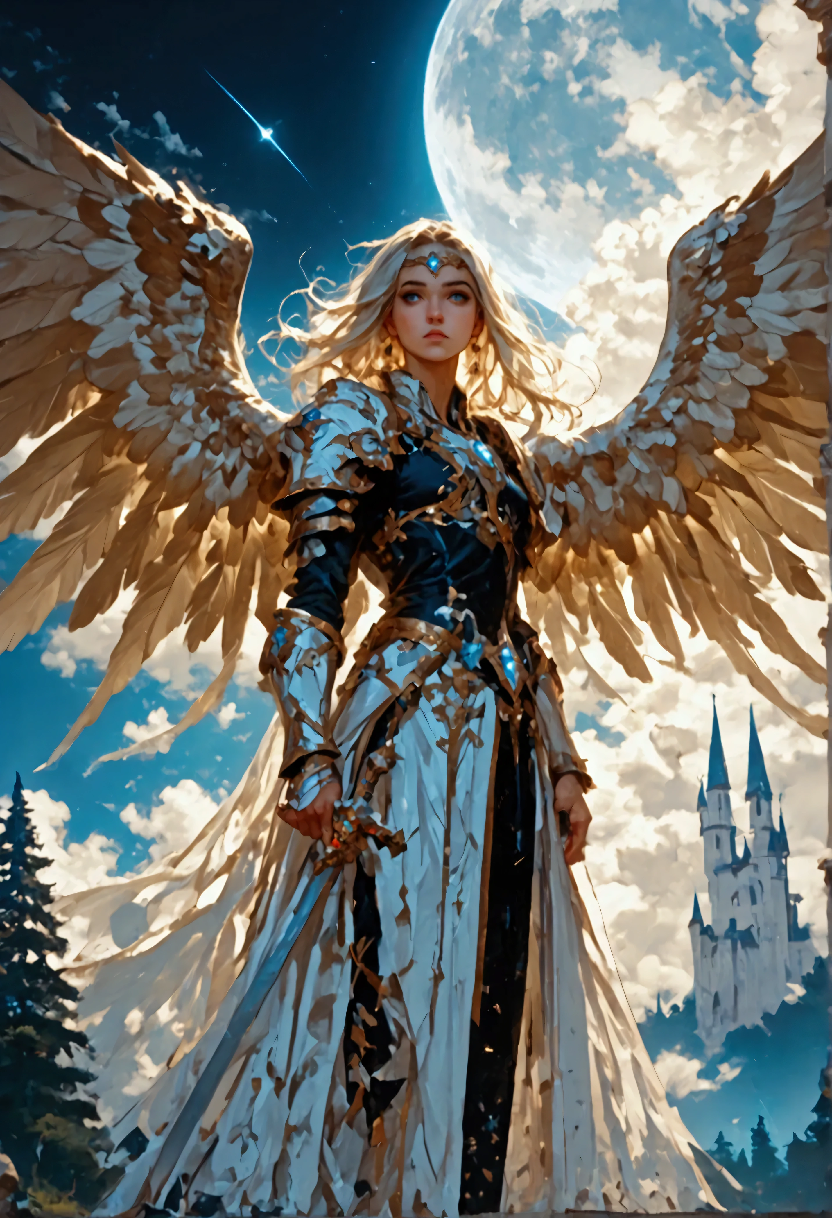 score_9, score_8_up, score_7, an epic fantasy art portrait of aasimar, female, paladin ready for battle under the full moon, holy warrior, spread large feathered wings, majestic wings, white angelic wings spread (Masterpiece, intense details: 1.5), moon light, moon, stars, clouds, holy symbol, armed with a divine sword, wearing holy armor, dynamic hair color, dynamic hair style, dynamic skin complexion, dark fantasy (forest background: 1.3), many trees, under the moonlight, some stars in the sky, some clouds, moon rays, determined face, god rays, cinematic lighting, glowing light, silhouette, from outside, photorealism, panoramic view (Masterpiece 1.3, intense details) , Wide-Angle, Ultra-Wide Angle, 16k, highres, best quality, high details, 16K, ultra detailed, masterpiece, best quality, (extremely detailed), arafed, dnd art, portrait, full body, magical sky, cloud, sky, hkstyle